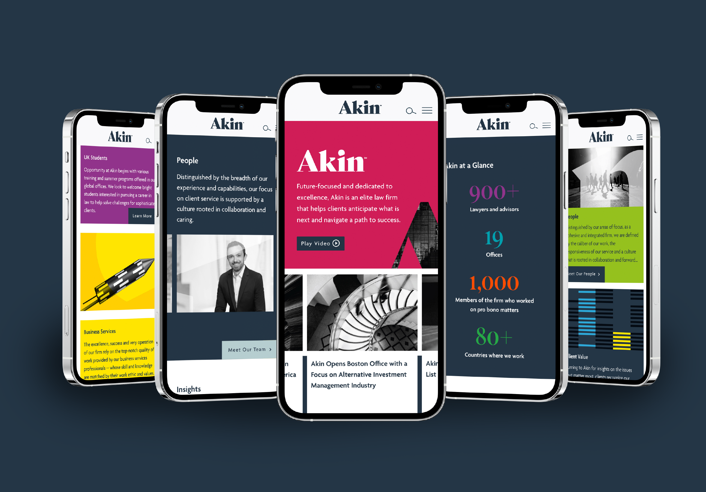 New Akin brand content on five iphones