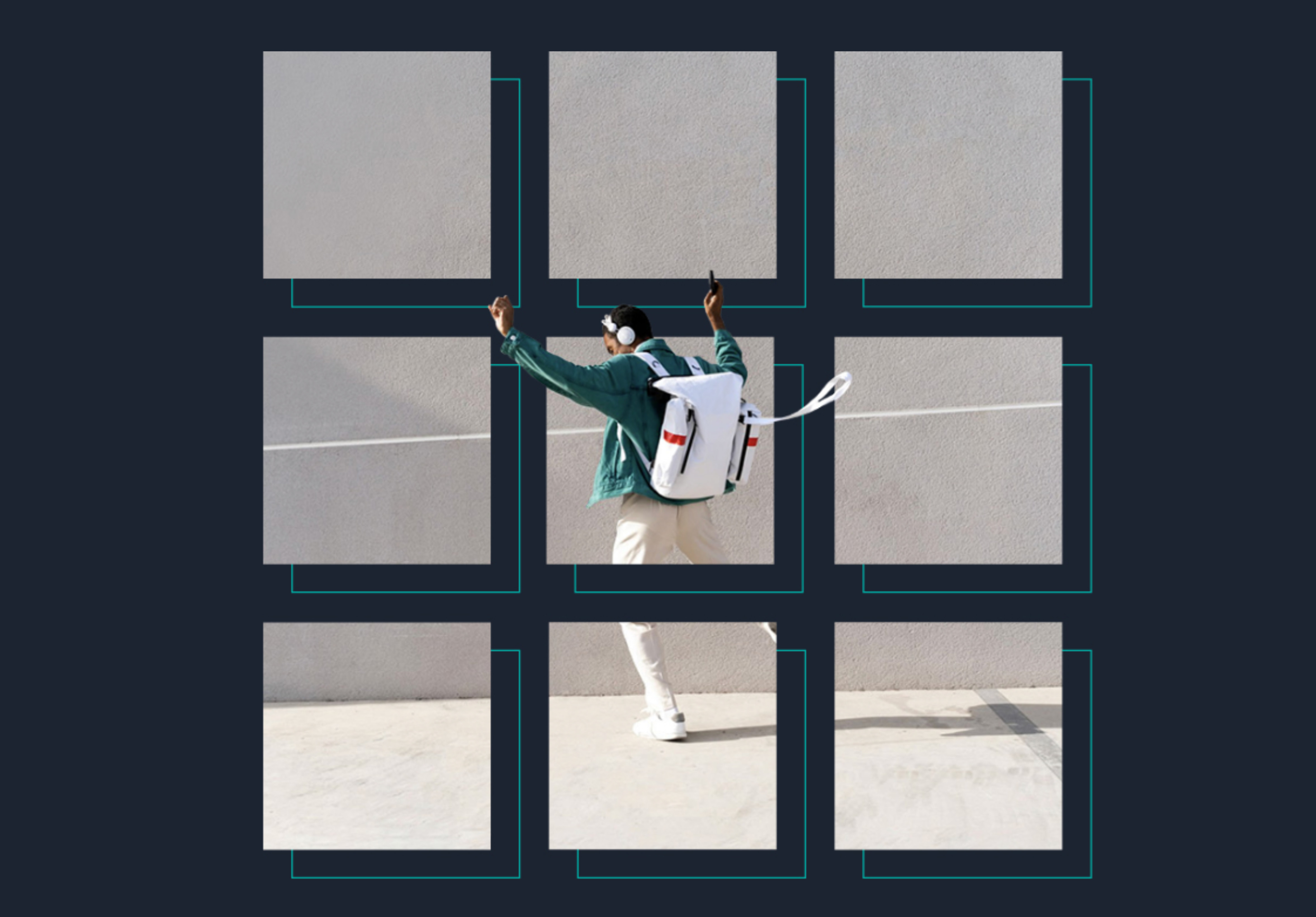 man with backpack dancing in the 9 squares