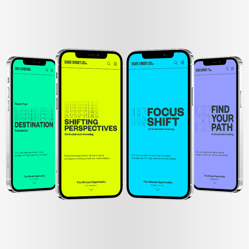 SSGA's sustainable investing campaign ads shown on four different iphones 