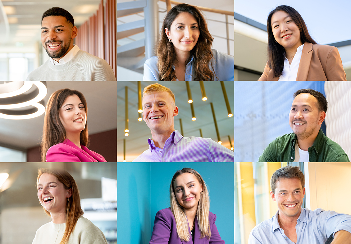 9 Mazars employees smiling at camera for Gen YOU campaign