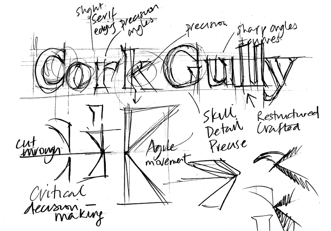 Cork Gully logo sketch brainstorm