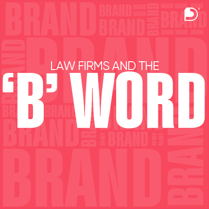 Text on red background that says "Law firms and the 'B' word"